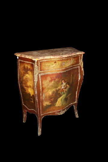 Vernis Martin small sideboard painted with gallant scene and 19th century marble top
