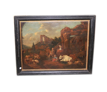 Oil on canvas from the 17th century Flemish school depicting a pastoral scene with ruins