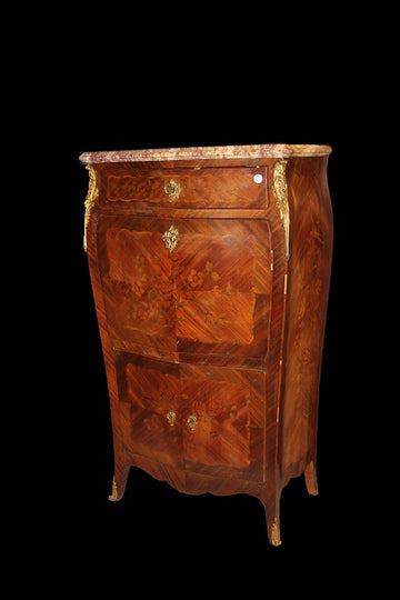 Large pot-bellied Louis XV secretaire from 1800 richly inlaid in bois de violette wood