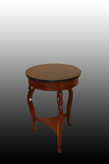 19th century Impero side table in mahogany wood with circular black marble top