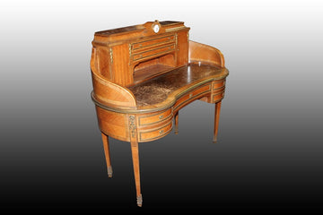 Precious French 19th century Louis XVI style writing desk in bois de rose wood with clock