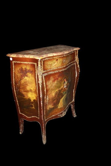 Vernis Martin small sideboard painted with gallant scene and 19th century marble top