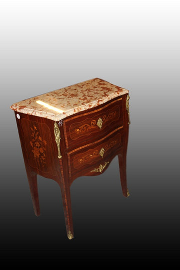 French Louis XV style samll chest of drawers with French red marble and bronze inlays