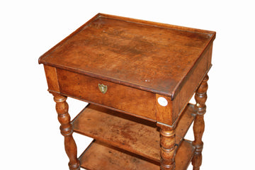 French Louis Philippe style bedside table in walnut wood with shelves and drawer