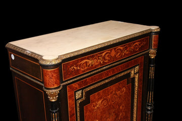 French Louis XVI style 1 door small sideboard from the 1800s in richly inlaid ebony wood