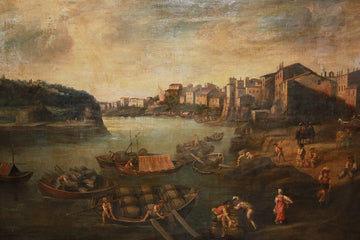 Large Italian oil on canvas from 1700 depicting Workers at the Port