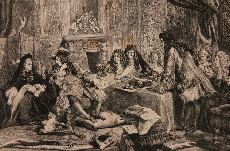 Stampa francese del 1800 Raffigurante La Corte di Luigi XIV