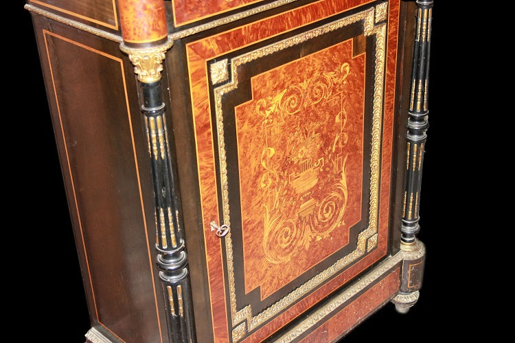Credenzino 1 porta stile Luigi XVI francese del 1800 in legno di ebano riccamente intarsiato