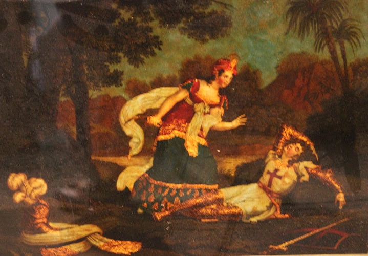 Coppia di piccoli dipinti sottovetro FIXÈ SOUS VERRE "Morte di Clorinda Rinaldo e Armida"