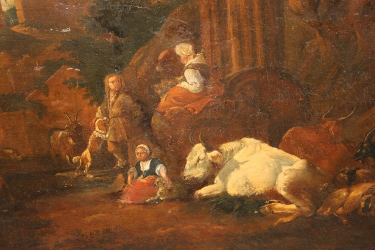 Olio su tela del XVII secolo scuola Fiamminga raffigurante scena Pastorale con Rovine