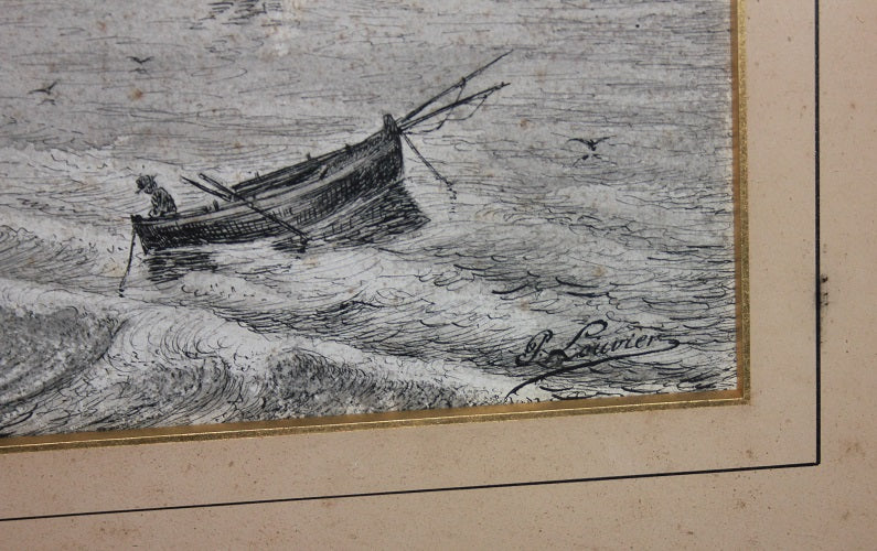 Quadro antico dipinto a China FIRMATO Veduta Marina con cornice dorata e in rovere XIX secolo