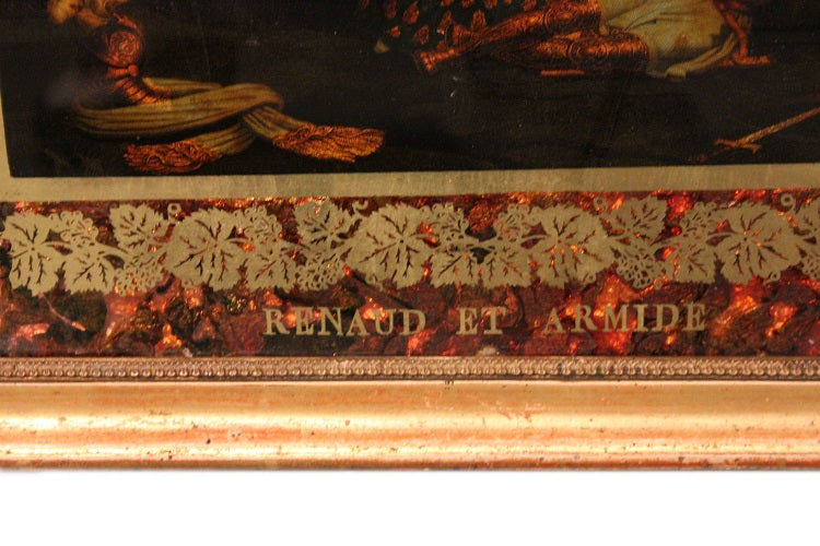 Coppia di piccoli dipinti sottovetro FIXÈ SOUS VERRE "Morte di Clorinda Rinaldo e Armida"