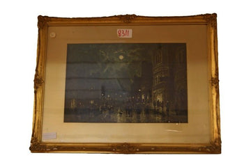 Antique watercolor from 1800, night view of a town, signed