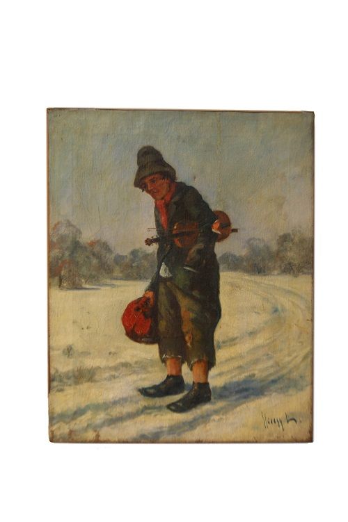 Antico dipinto del 1800 paesaggio con violinista
