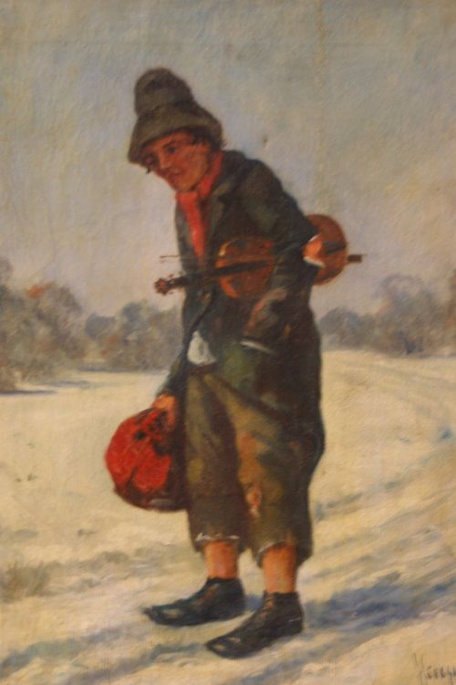 Antico dipinto del 1800 paesaggio con violinista