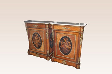 Pair of antique French sideboards from the 1800s with inlays and marble