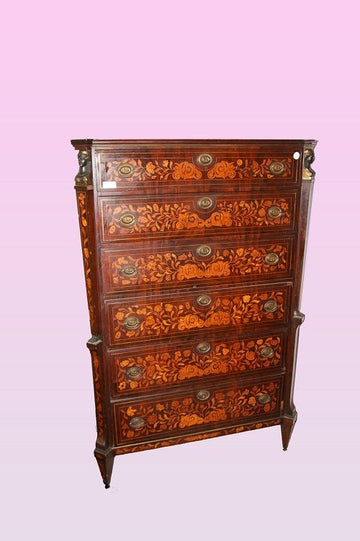 Antique Dutch Empire inlaid chest of drawer septet from 1700