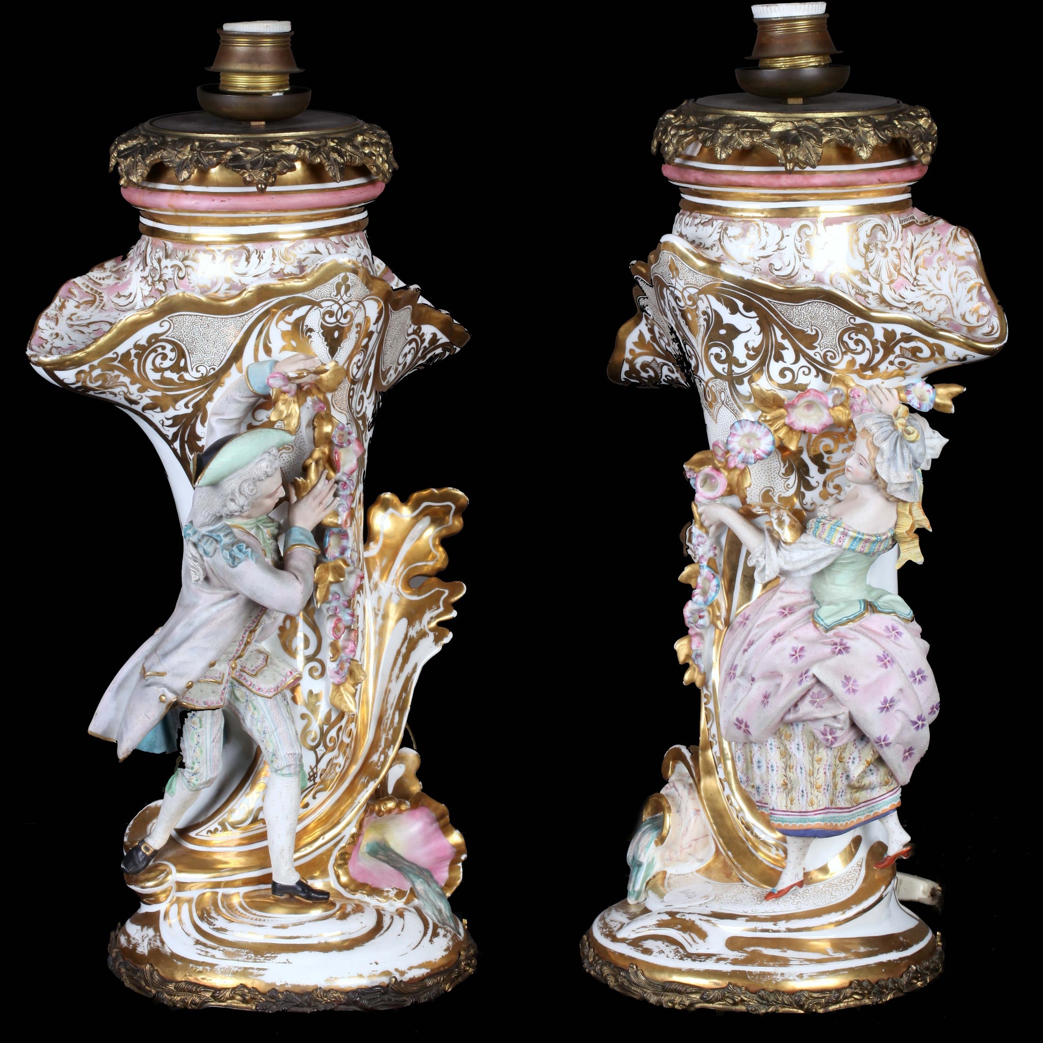 Pair of antique 19th century lamps in Old Paris porcelain