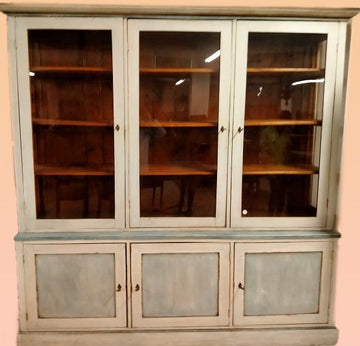 Antique large Italian fir bookcase, white and light blue lacquered