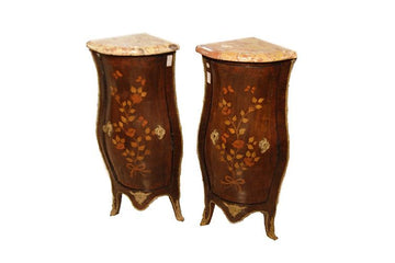 Coppia di Angoliere antiche del 1800 stile Luigi XV con intarsi e marmo e bronzi in legno di palissandro