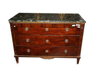 Antique Austrian chest of drawers from the 1700s in mahogany, Alpine green and golden marble