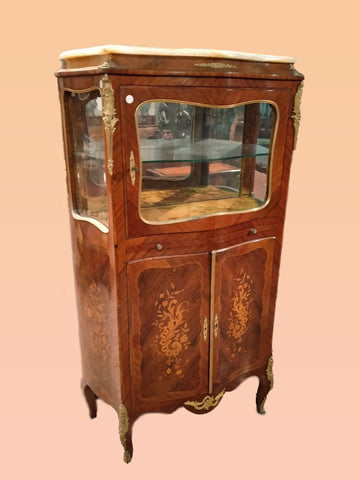 Antique French display cabinet from the 1800s in rosewood and alabaster marble