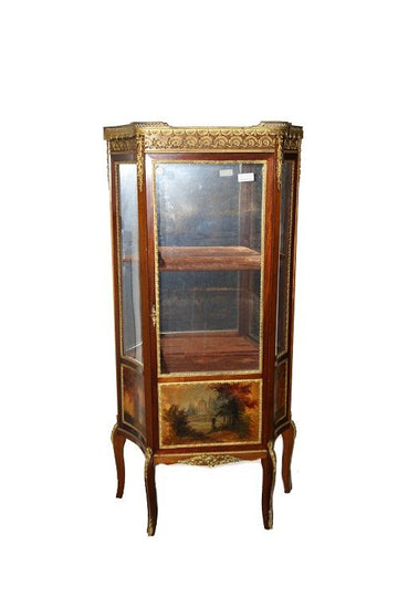 Ancient small Vernis Martin display case with bronzes and paintings from the 1800s