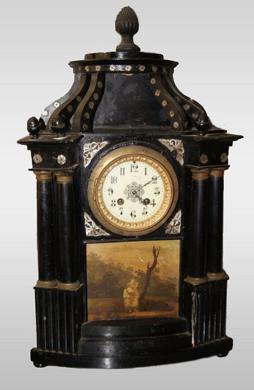 Antico orologio da tavolo italiano del 1800 con dipinto ebanizzato