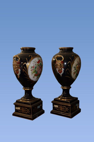 Pair of large antique 19th century French blue porcelain vases and flowers