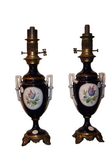 Pair of antique French porcelain oil lamps from the 1800s