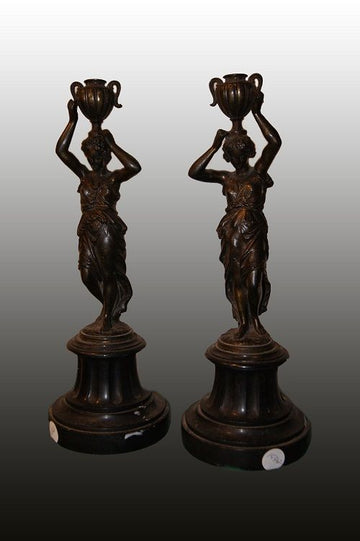 Pair of bronze figurines from the 1800s of young lady with marble base
