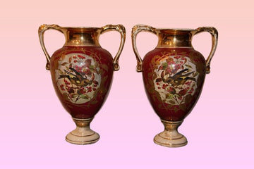 Pair of French Art Nouveau vases from the 1800s with gold flowers and birds