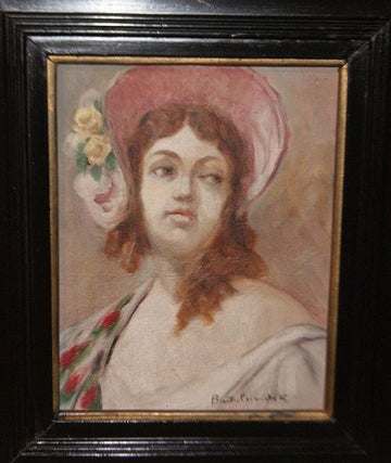 Antique portrait Oil on panel of a woman from the 1800s signed 