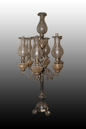 Antica grande lampada a petrolio inglese Sheffield del 1800