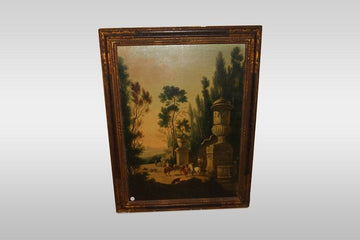 Olio su tela francese di inizio 1900 Rovine e Scene di caccia personaggi
