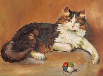Antique oil on canvas from the early 1900s depicting a cat with a ball of yarn
