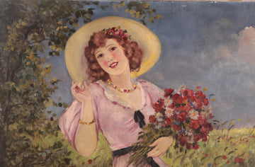 Antique oil on canvas from the early 1900s depicting a female character