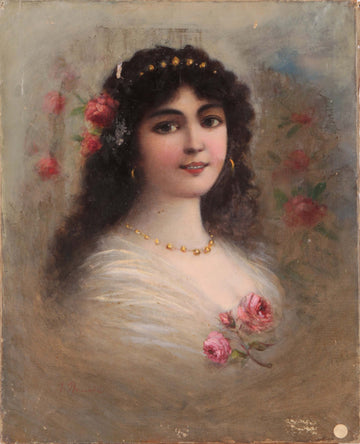 Antique oil on canvas from 1800 to 1900 depicting a female character