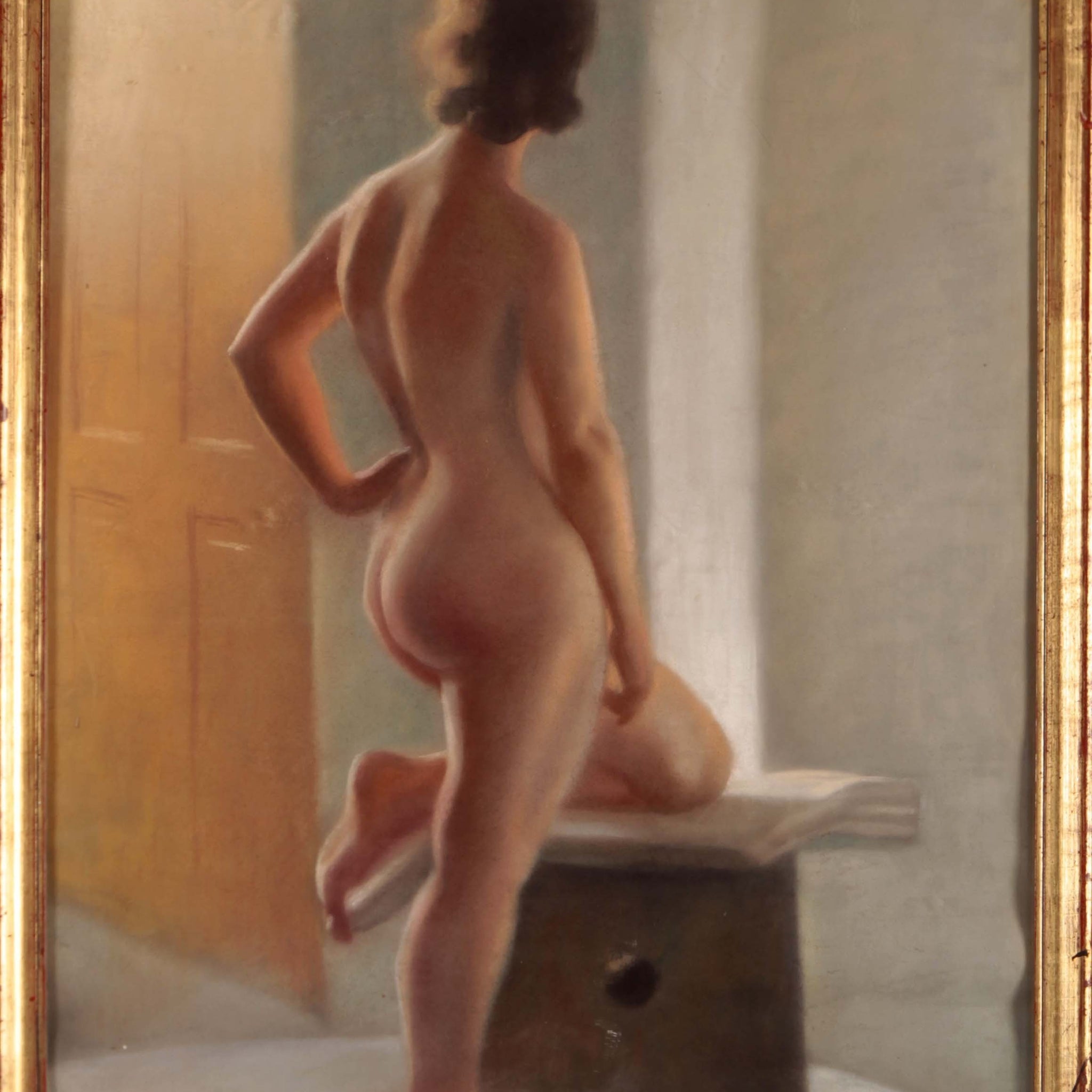 Antique pastel painting from the early 1900s depicting a female nude