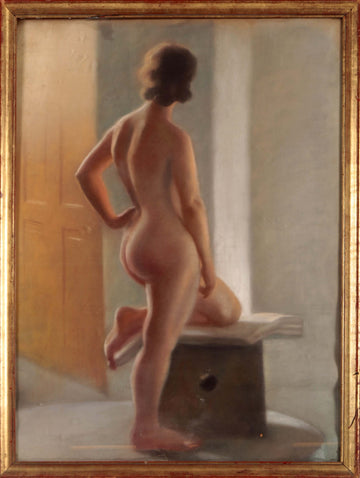Antique pastel painting from the early 1900s depicting a female nude