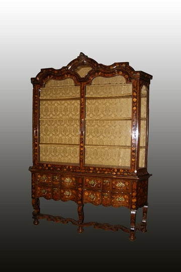 Majestic, richly inlaid Dutch showcase. Restored