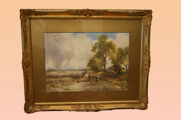 Antique watercolor painting Wheat harvest signed from 1800 English
