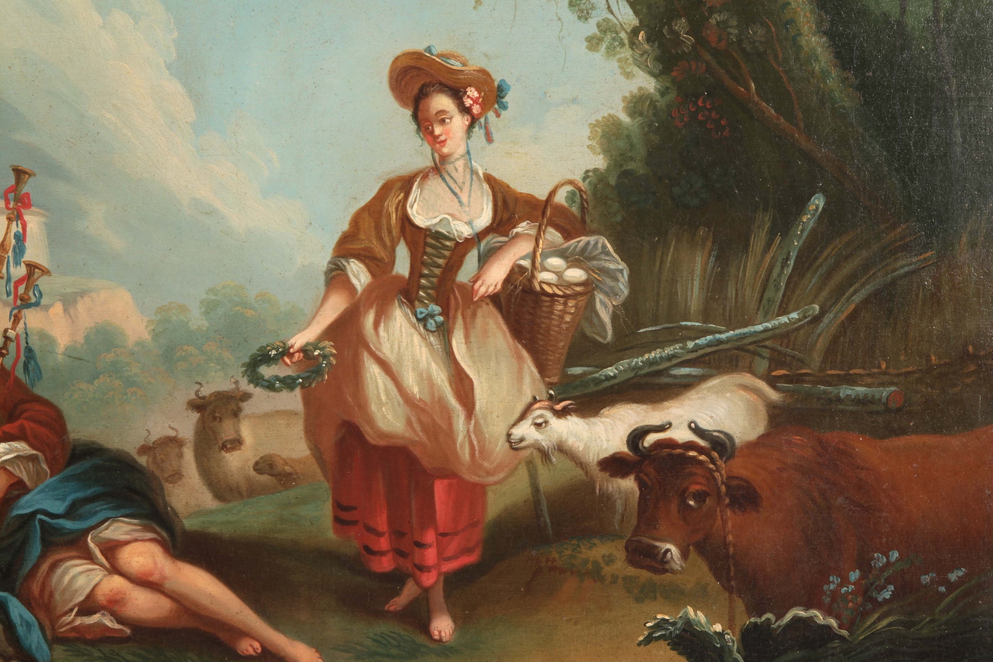 Antico olio su tela francese del 1700 raffigurati personaggi e animali