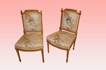 Pair of 2 Louis XVI style chairs in gold leaf gilded wood