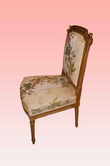 Pair of 2 Louis XVI style chairs in gold leaf gilded wood