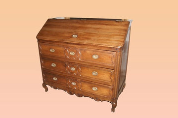 Antique French Bureau Writing desk from 1700 in oak with carvings and brass