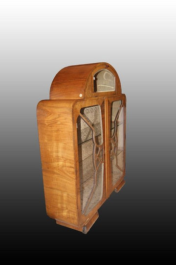 Antique Art Deco style display cabinet from the early 1900s in English walnut wood
