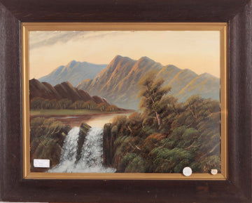 Antico olio su cartone inglese del 1800 raffigurante paesaggio montano