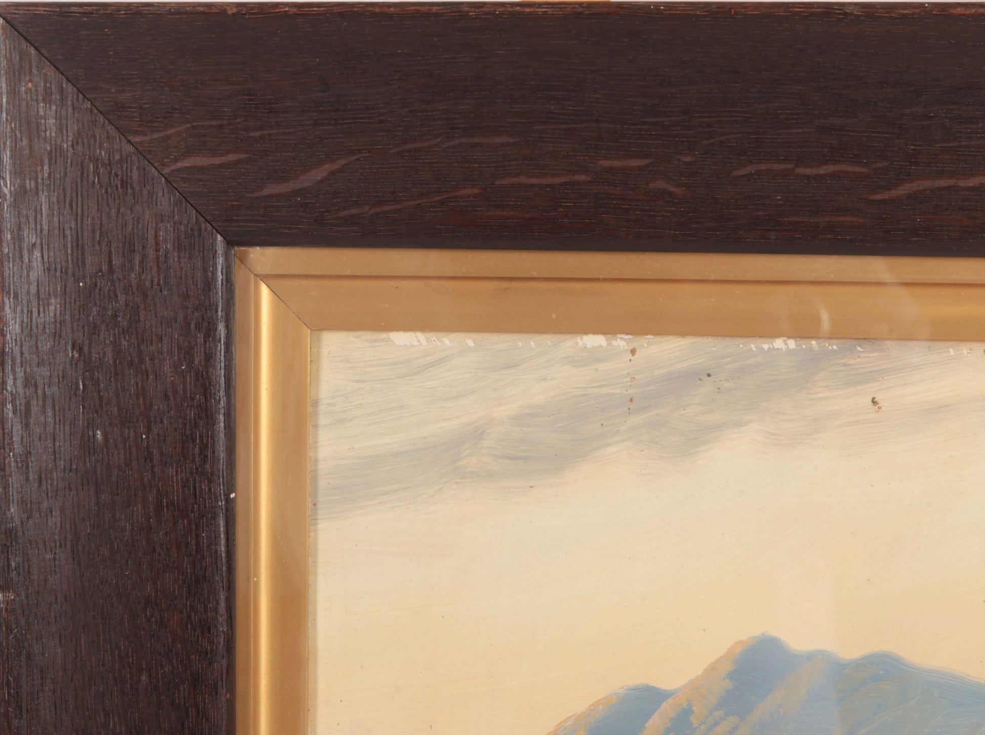 Antico olio su cartone inglese del 1800 raffigurante paesaggio montano