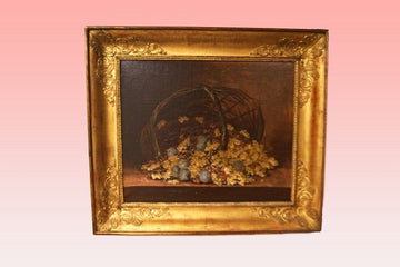 Quadro dipinto olio su tela Natura Morta del 1800 francese uva e prugne